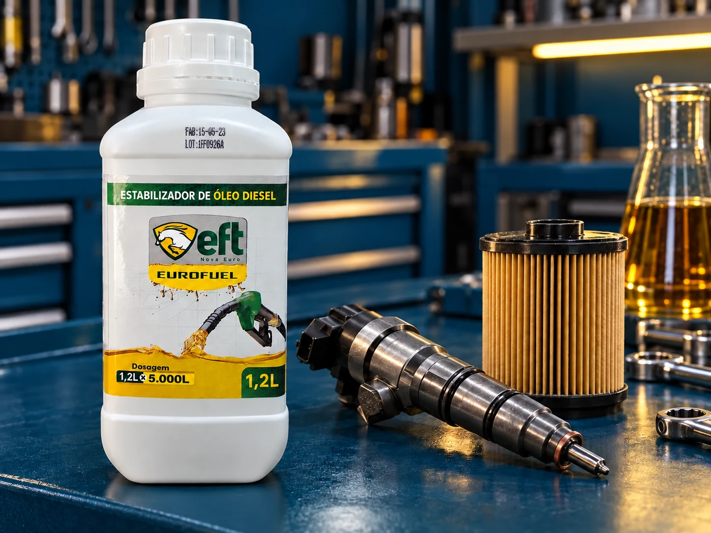 Composição ilustrativa do Eurofuel junto a um injetor e um elemento filtrante de diesel